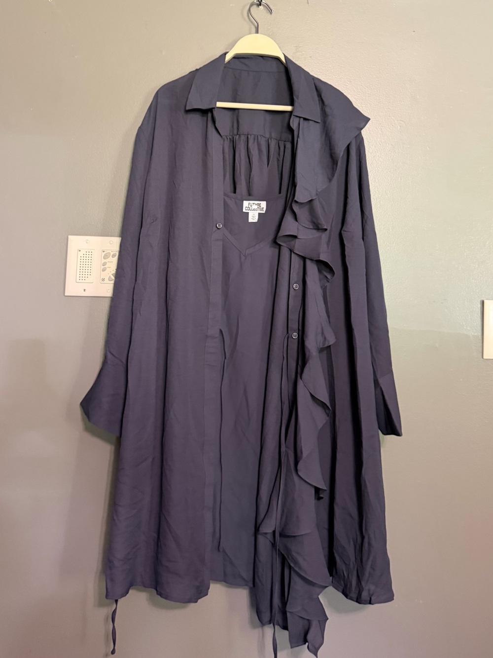 Future Collective Ruffle Asymmetrical Mini Shirt Dress Slate Gray 1X NWT